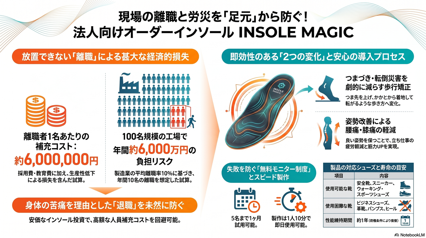 INSOLE MAGIC 導入効果のインフォグラフィック：補充コスト約600万円、年間約6,000万円の負担リスク、つまづき・転倒の歩行矯正、姿勢改善による腰痛・膝痛軽減、無料モニター制度、対応シューズと寿命